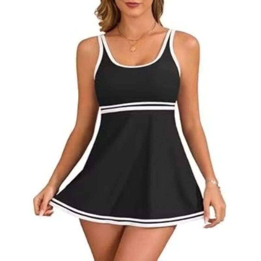 NWT Viaurbe Black White Striped Modest Tummy Control Swimdress